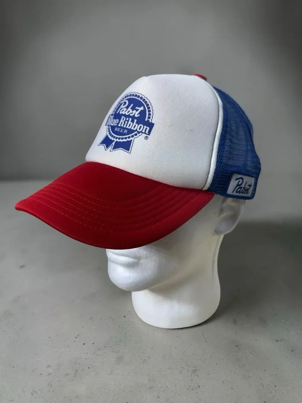 Vintage Pabst Blue Ribbon PBR Beer Trucker Hat Snapback Mesh Back Red White Blue